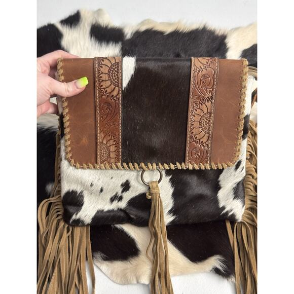 Myra Cow Hide Brown Tool Leather Sunflower Crossbody Shoulder Handbag Pocketbook